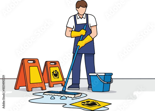 A man in overalls cleaning a spill with a mop and bucket nearby