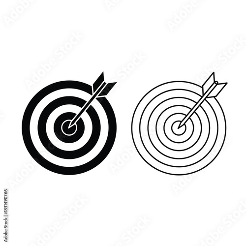 Target with arrow hitting bullseye icon set, solid and outline versions, representing goal achievement and accuracy.