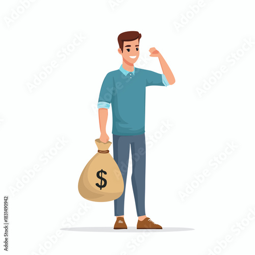 A successful cartoon man holding a money bag and flexing, a rich winner concept vector