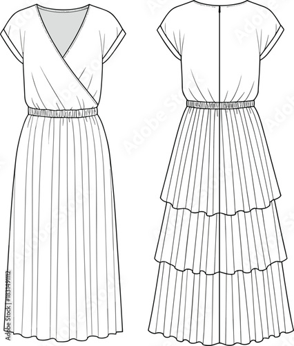 Women’s pleated maxi dress technical flat, front and back view, tiered skirt fashion illustration, cad drawing, flat vector design