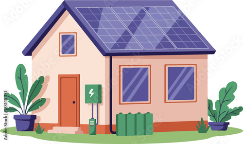 Illustration of a modern house with solar panels on the roof, representing sustainable energy and ecofriendly living, with plants and batteries
