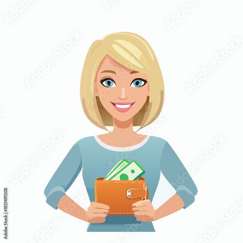 Blonde Woman Holding Wallet Full of Money Vector Illustration