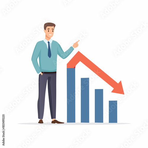 Business Decline Vector Illustration of a Man Pointing at a Downward Trend