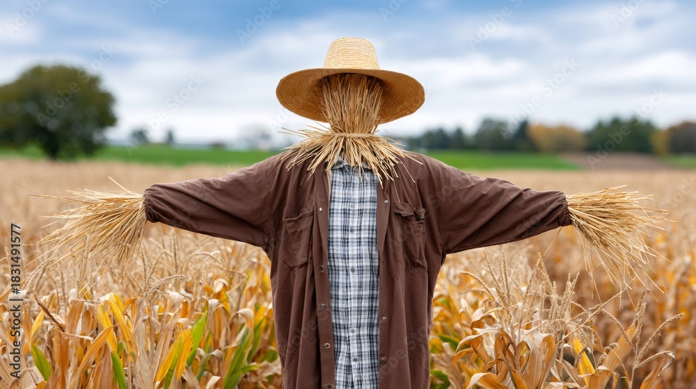 Obraz premium Scarecrow standing in cornfield during autumn harvest season