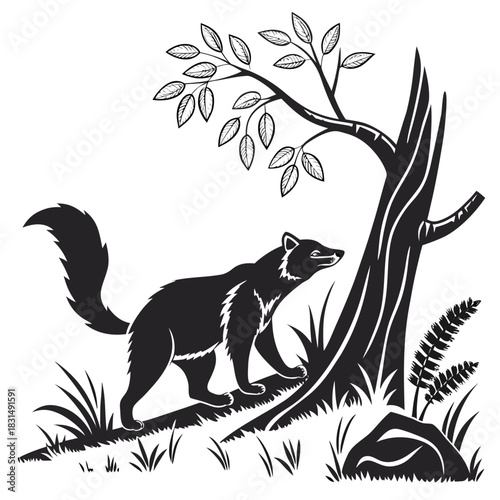 Black silhouette of a wolverine near a tree animal