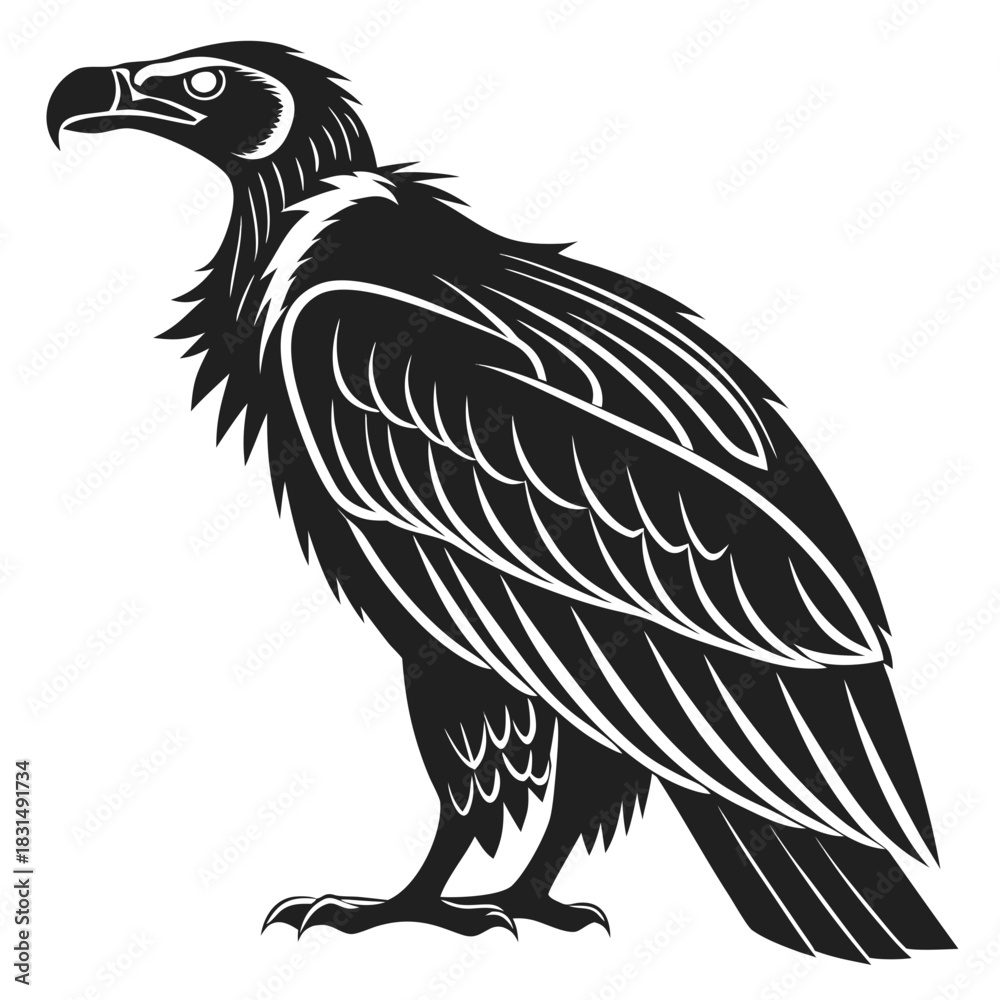 Fototapeta premium Black silhouette vulture bird standing profile white