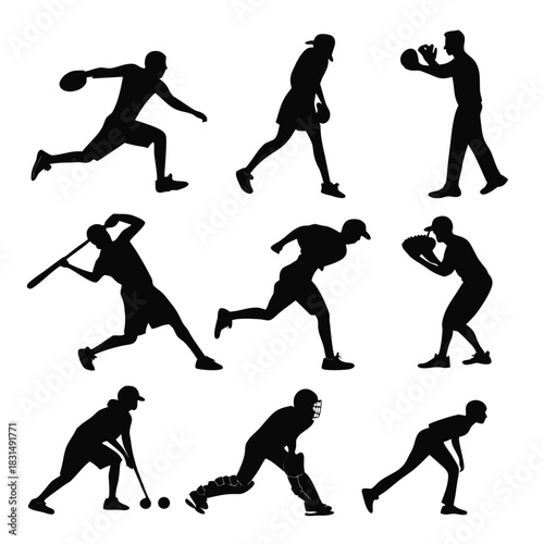 Black silhouettes of athletes playing sports action 1