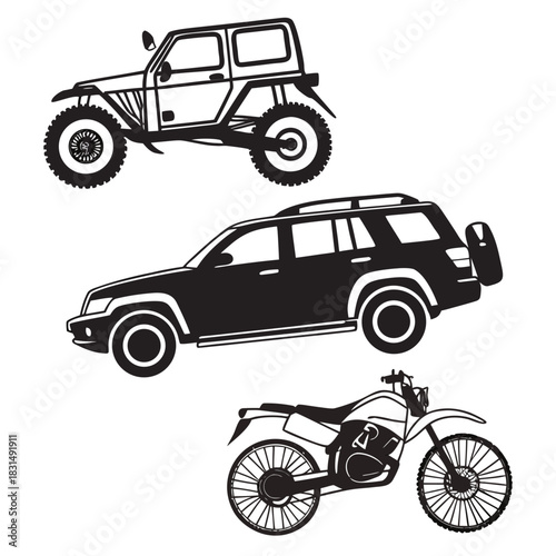Black silhouettes of off road vehicle S U V and dirt bike