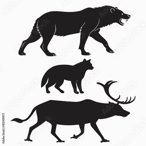 Black silhouettes of wolf bear and reindeer animal