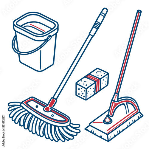 Blue and red cleaning tools bucket mop sponge broom