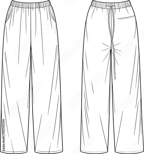 Women’s relaxed wide leg pants, drawstring waist, elastic band, casual wear, cad sketch, flat fashion illustration, front back view