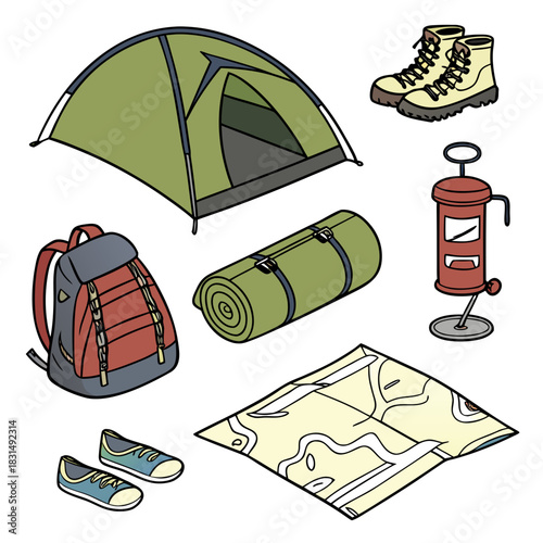 Camping Gear Collection with Tent Backpack Boots and Map
