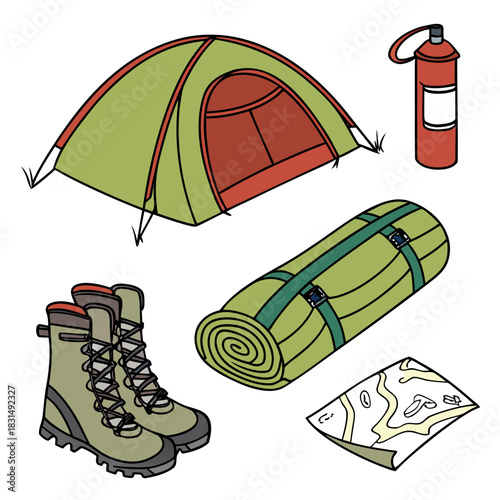 Camping gear collection on white background tent sleeping bag