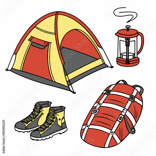 Camping gear tent boots backpack and french press vector