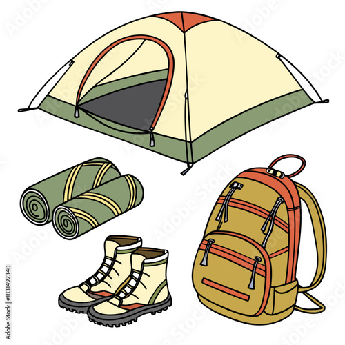 Camping gear tent backpack boots sleeping mats hiking boots