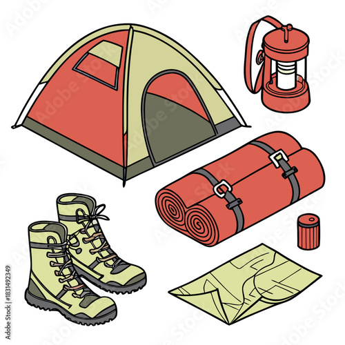 Camping gear collection with tent boots lantern and map