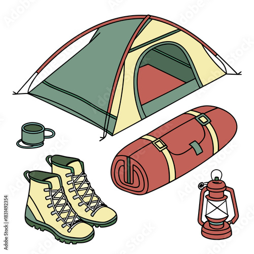 Camping gear tent boots sleeping bag lantern and mug