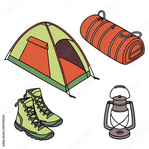Camping tent sleeping bag boots and lantern vector