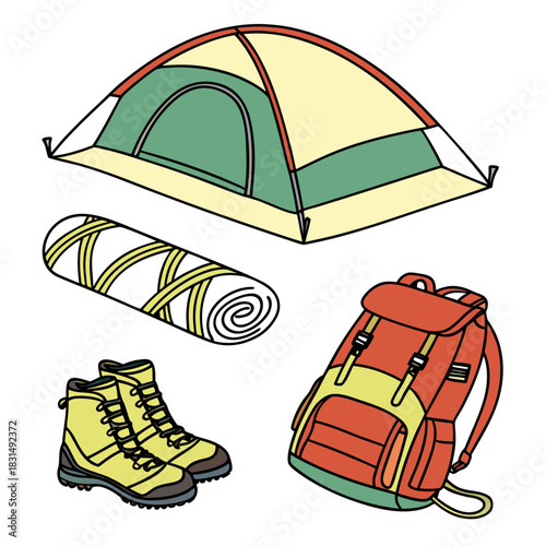 Camping gear tent sleeping bag backpack hiking boots