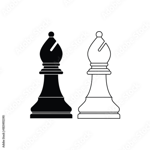Chess bishop icon vector graphic design elements, featuring black and white pieces for strategy games and intellectual challenges.