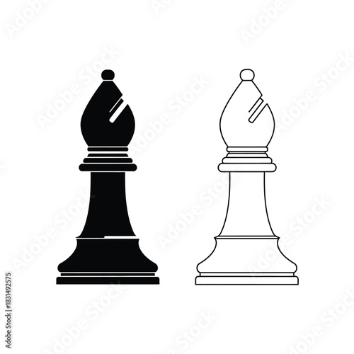 Chess bishop icon set. black solid and white outline chess piece symbol for strategy, game, and logic concepts