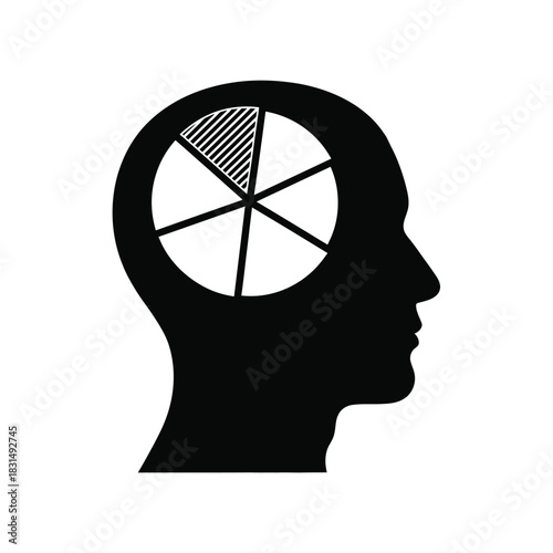 Human head silhouette with a pie chart illustrating data analysis, thought processes, mind mapping, and problem-solving breakdown visually