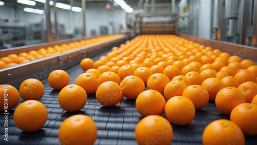 Fresh oranges moving on a conveyor belt in a food processing plant