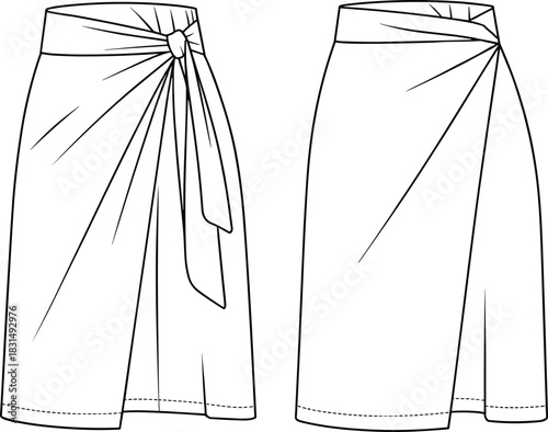 Women’s sarong skirt fashion flat sketch, wrap design with knot detail, beachwear style, apparel template, sewing pattern clothing illustration
