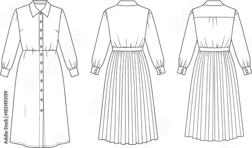 Women’s shirt dress technical flat sketch, pleated skirt, long sleeves, button front, fashion CAD template, vector illustration.