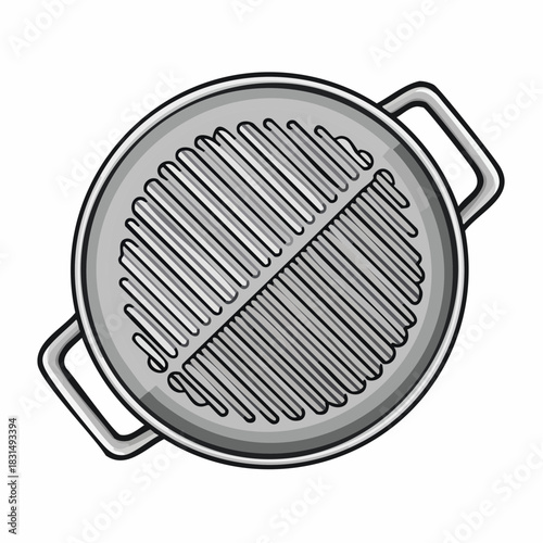 Round metal grill pan with handles, top view. Simple monochrome cartoon vector illustration of empty cooking equipment isolated on white