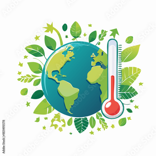 Global Warming and Climate Change Earth Suffering from Rising Temperatures and Environmental Degradation with Leaves and Thermometer Icon