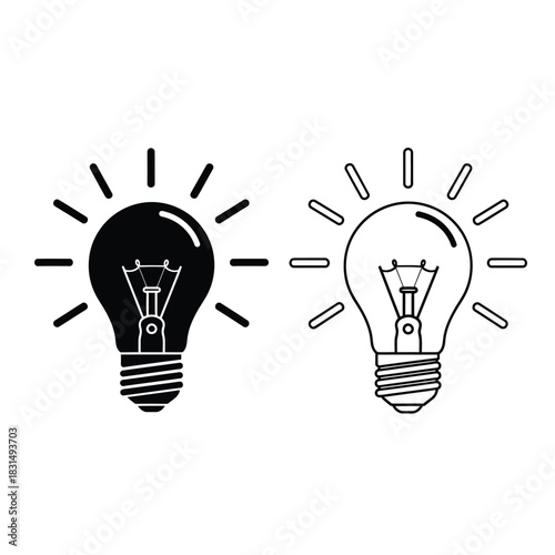 Illuminated and outline lightbulb vector icons symbolizing brilliant ideas, innovation, electricity, and solutions.
