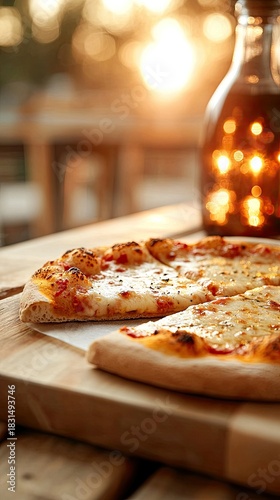 Wallpaper Mural Close-up of a pizza with cheese and tomato sauce on a wooden board, with a bottle in the background, set outdoors at sunset. Torontodigital.ca