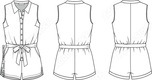 Women’s sleeveless button front romper with belt, pockets, collar, casual fashion flat sketch, technical front and back view