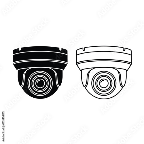 Security camera dome icon set for surveillance and protection, black solid and outline vector illustration on white