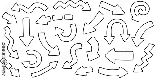 Collection of handdrawn arrows isolated on set of different arrow shapes and directions vector illustration of pointers, direction indicators, and navigation elements for design projects
