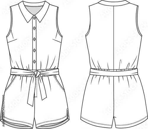 Women’s sleeveless collared romper with front button closure, waist tie belt and pockets, flat fashion CAD vector illustration