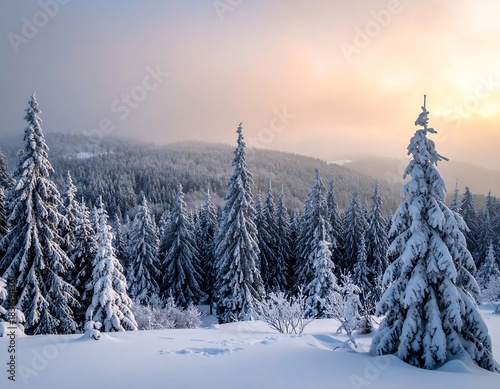 Snowy fir trees blanketed in white, landscape with overcast sky