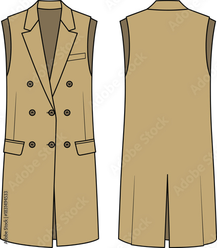 Women’s sleeveless long coat, double-breasted design, tailored fit, lapel collar, front pockets, elegant outerwear, formal fashion, beige color, front and back view, CAD drawing, 