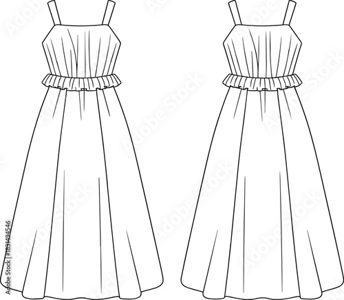 Women’s sleeveless maxi dress fashion flat sketch with ruffle waist detail, summer style, apparel template, sewing pattern, CAD drawing vector illustration