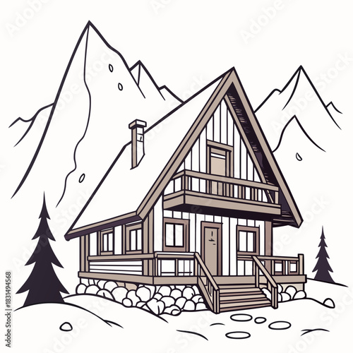 Alpine chalet with balcony and mountains vector illustration 1