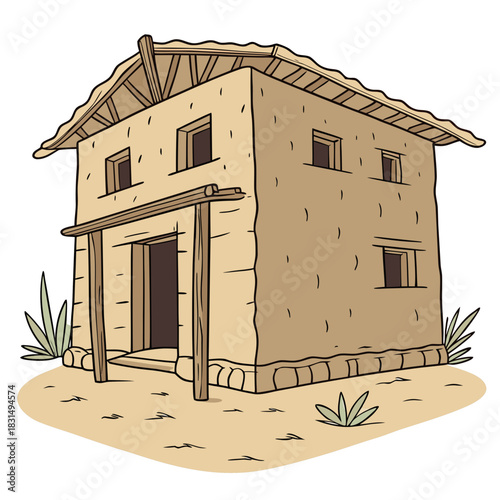 Ancient adobe house with thatched roof and wooden porch