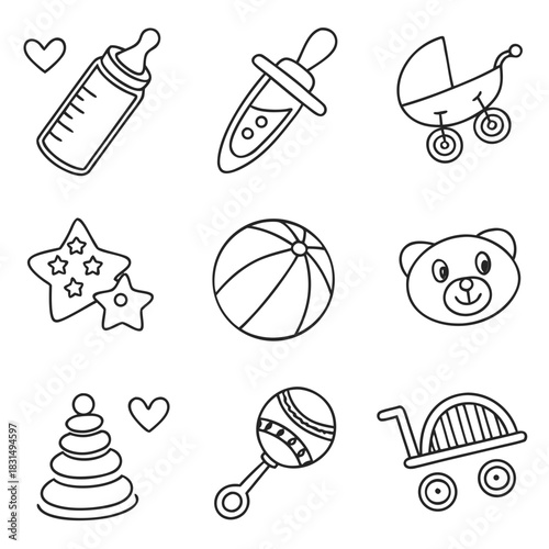 Baby items and toys hand drawn outline icons infant