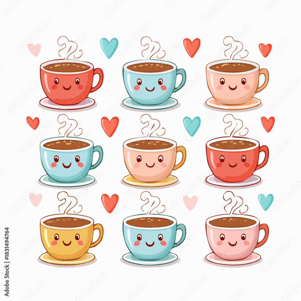 Obraz premium A charming collection of nine kawaii-style coffee and tea mugs, each with a cute smiling face and floating hearts on a white background