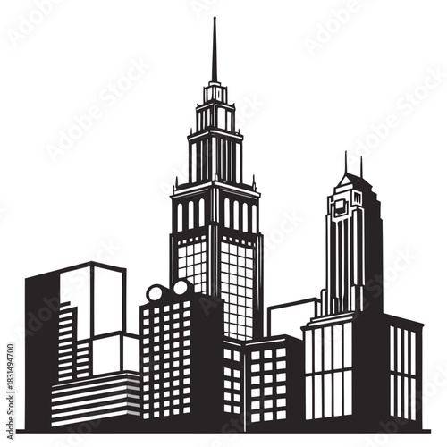 Black and white city skyline silhouette with skyscrapers
