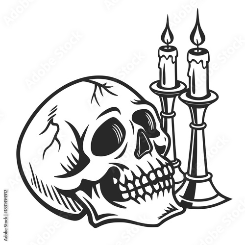 Black and white skull with two lit candles in candelabras