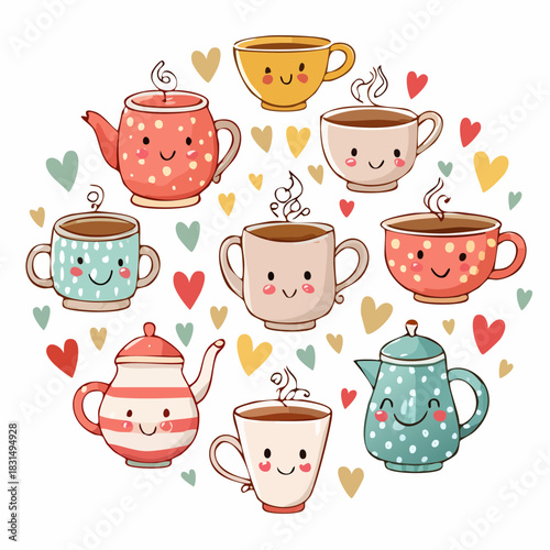 Charming Cartoon Teapots and Coffee Cups with Whimsical Steam in a Heart-Shaped Arrangement