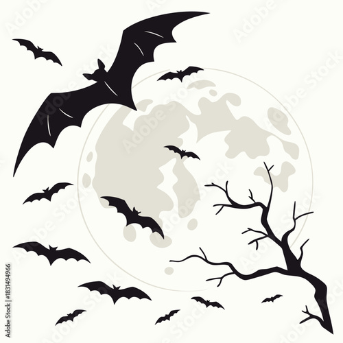 Black bats flying around a pale full moon and bare tree