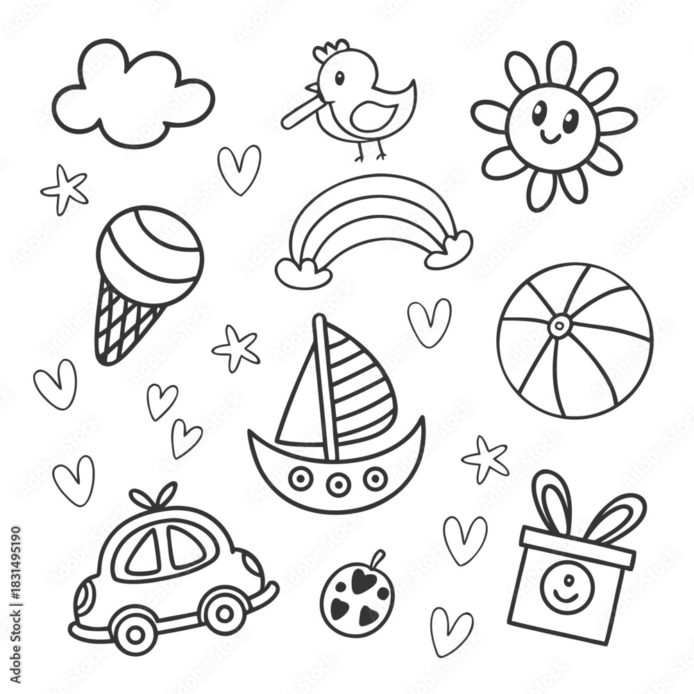 Fototapeta premium Black outline doodle icons for kids play pack playful