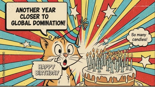 Retro Comic Style Cat Celebrating Birthday with Cake and Candles